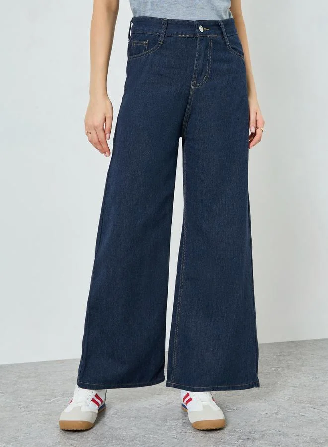 Styli Women Dark Blue Wide Leg Jeans